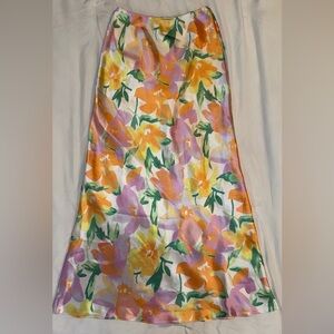 ASOS Floral Satin A-Line Midi Skirt in Orange, Lavender & Yellow